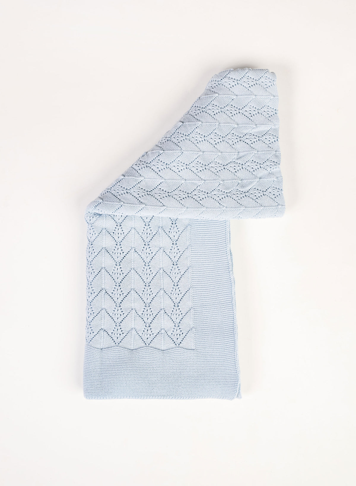A light blue knit blanket with a textured geometric pattern, folded diagonally on a clean white background.