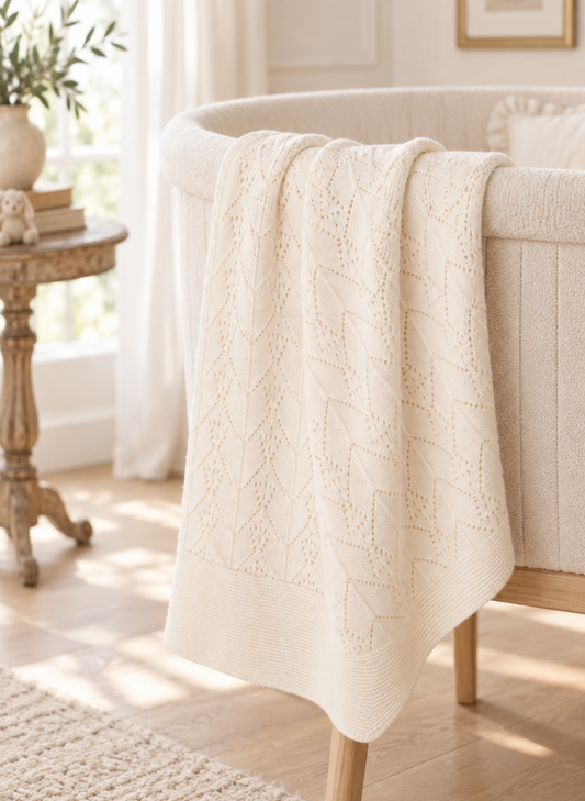 An off-white cream cable-knit baby blanket with a geometric eyelet pattern draped over the side of a light-colored wooden crib in a bright, sunlit nursery.