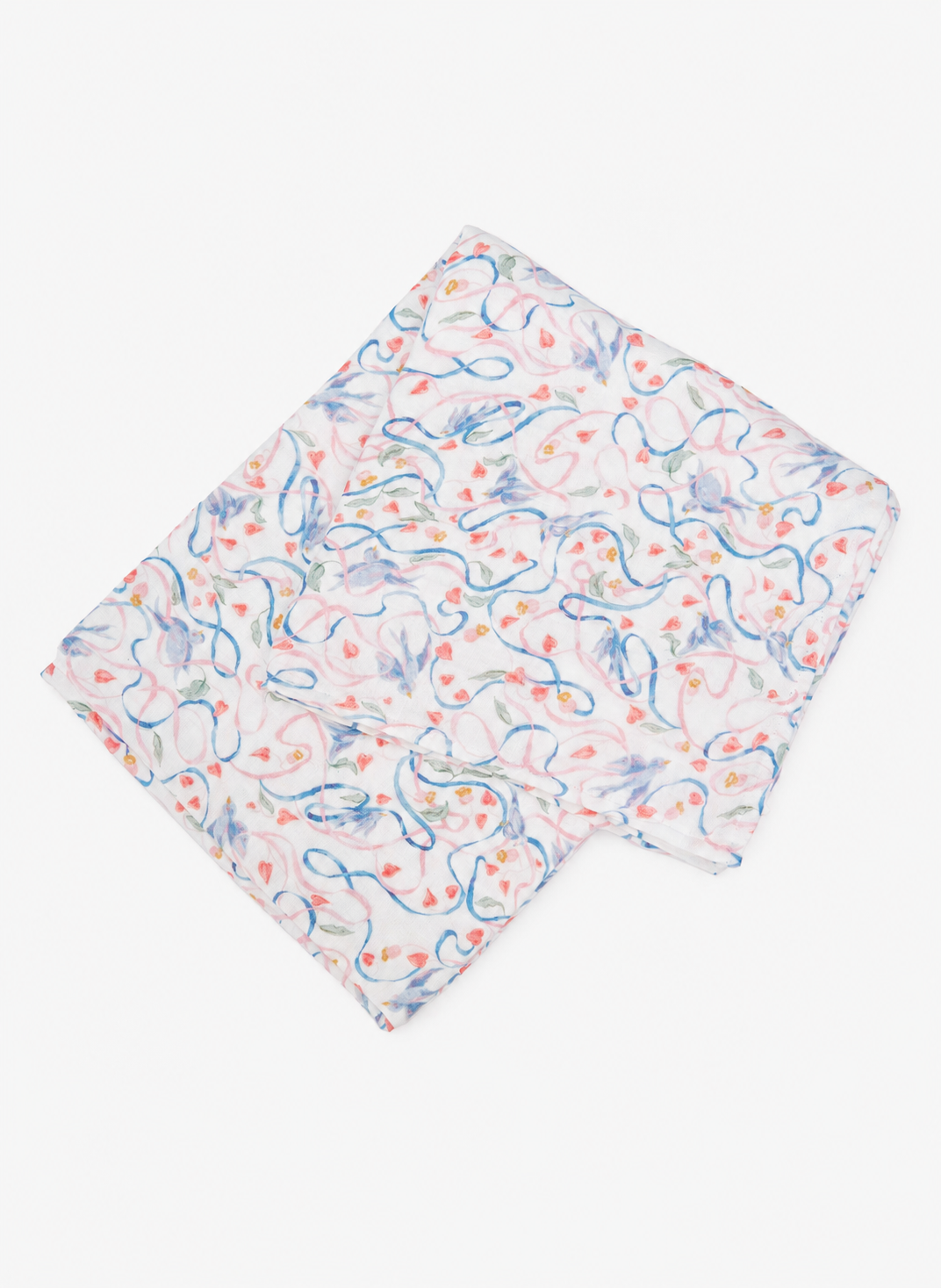 A folded white scarf featuring a delicate, hand-drawn style abstract pattern in light blue, pink, and orange, displayed on a clean white background.
