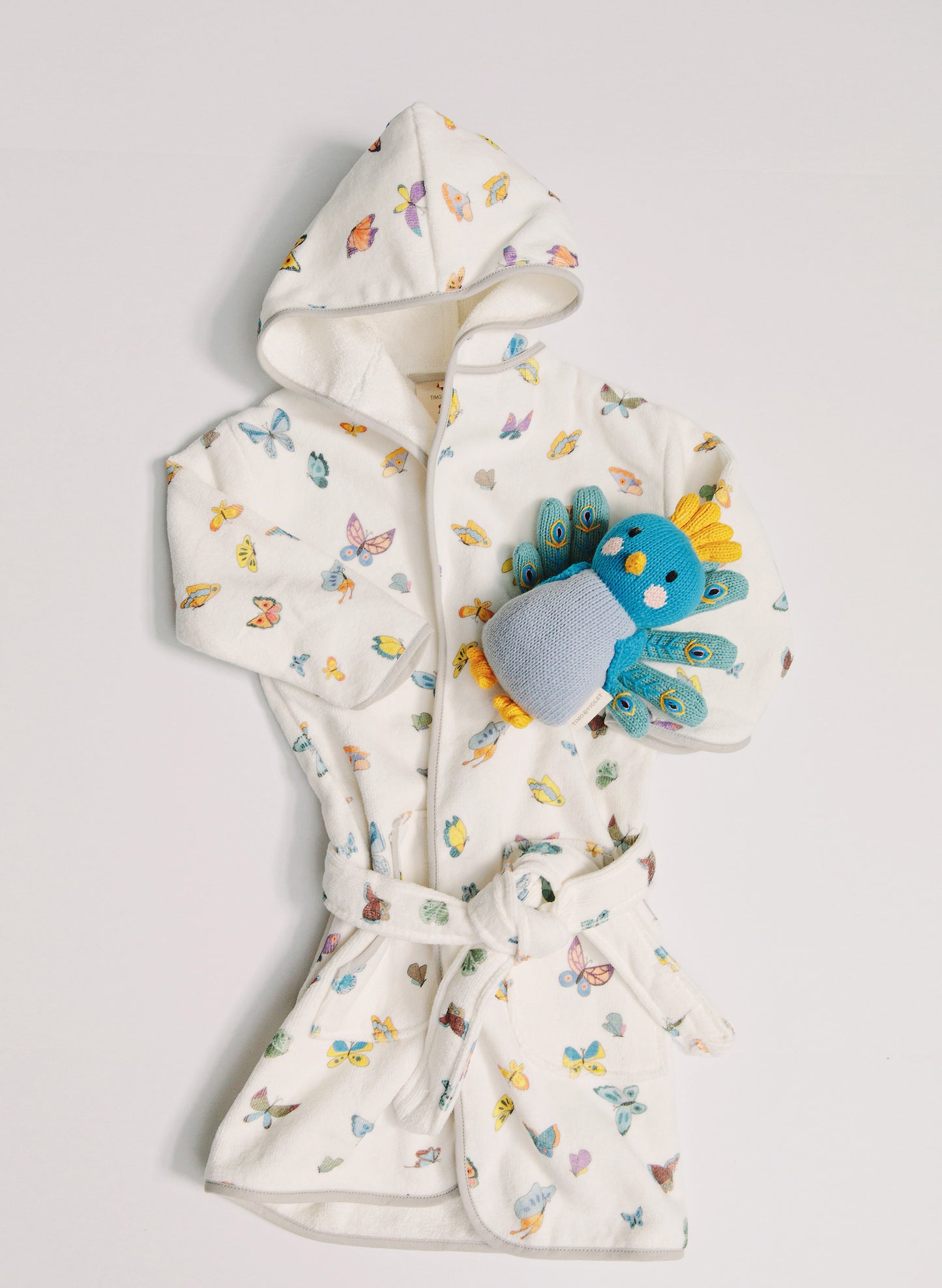 Organic Children’s Bathrobe – Madame Butterfly and Violet the Peacock - Knit Doll
