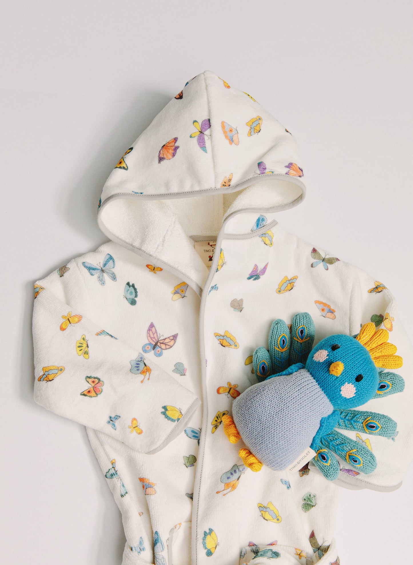 Organic Children’s Bathrobe – Madame Butterfly and Violet the Peacock - Knit Doll