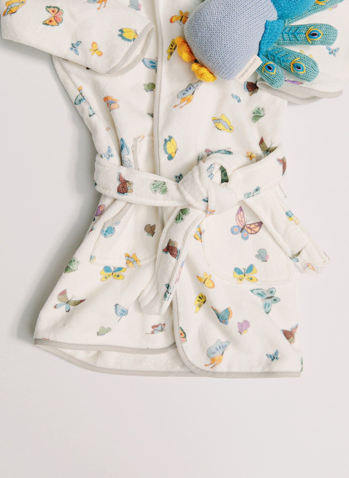Organic Children’s Bathrobe – Madame Butterfly and Violet the Peacock - Knit Doll