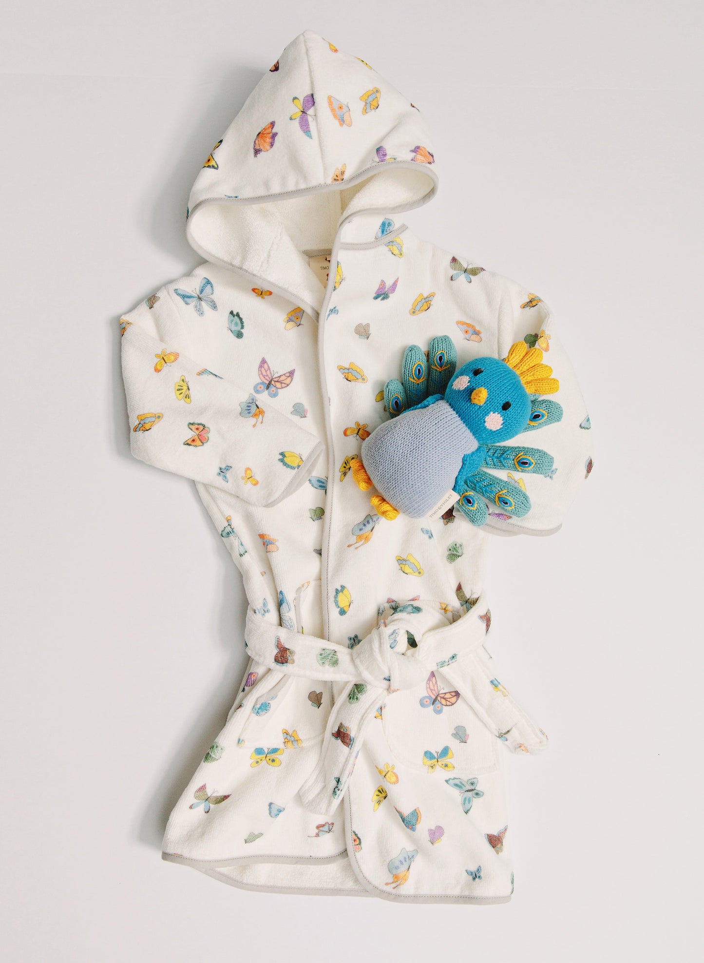 Organic Children’s Bathrobe – Madame Butterfly and Violet the Peacock - Knit Doll