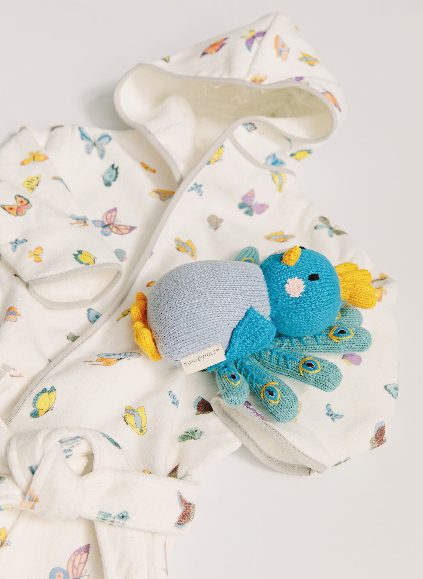 Organic Children’s Bathrobe – Madame Butterfly and Violet the Peacock - Knit Doll