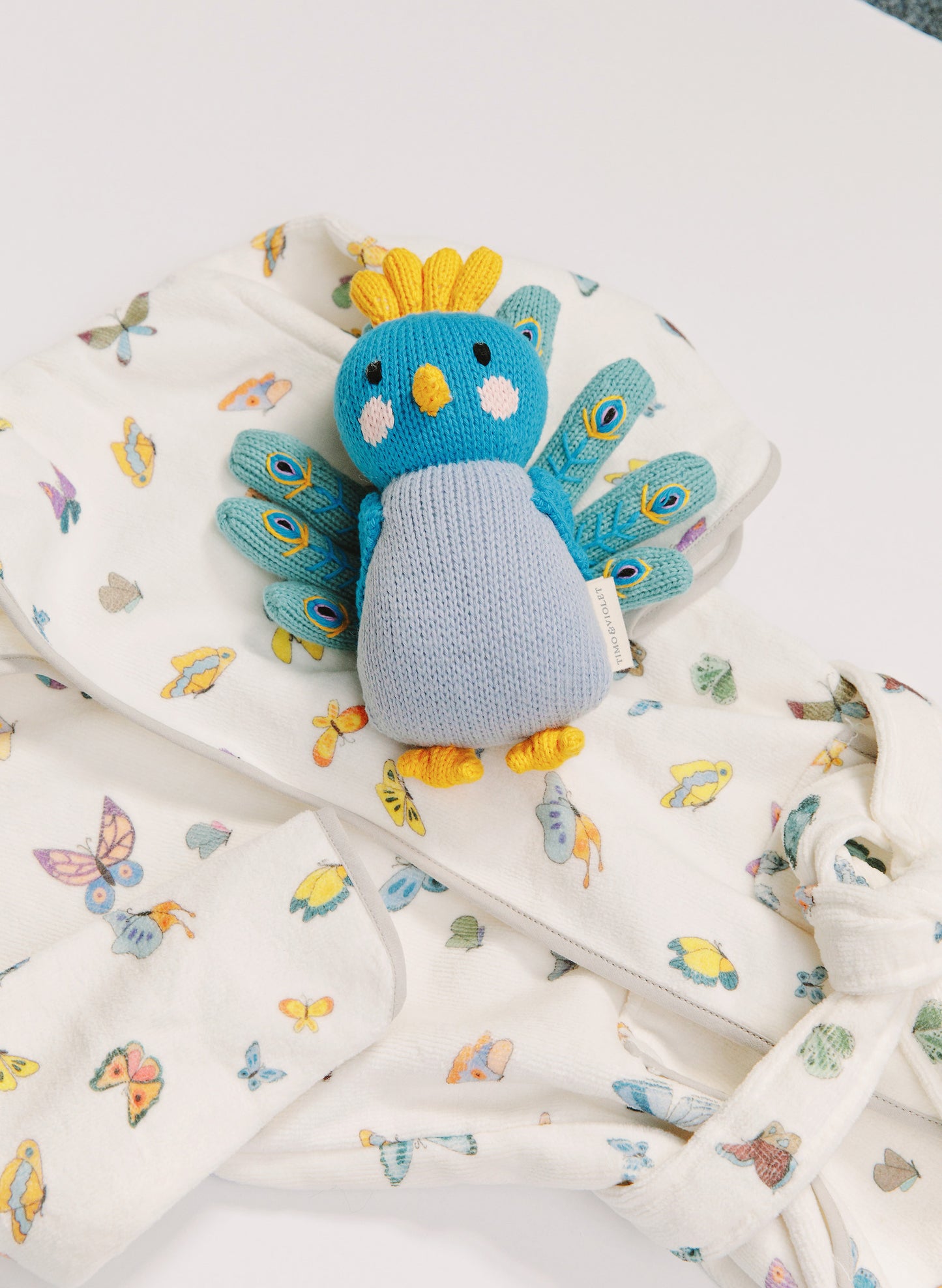 Organic Children’s Bathrobe – Madame Butterfly and Violet the Peacock - Knit Doll