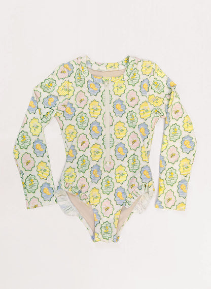 Girls' UPF 50+ Long Sleeve Rashguard Swimsuit — Ruffle Hem