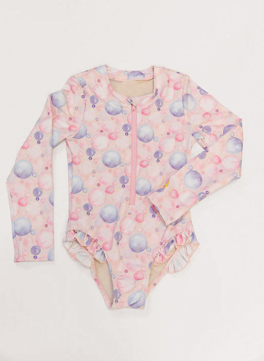 Girl's Long Sleeve Rashguard Swimsuit - Pink Bubbles