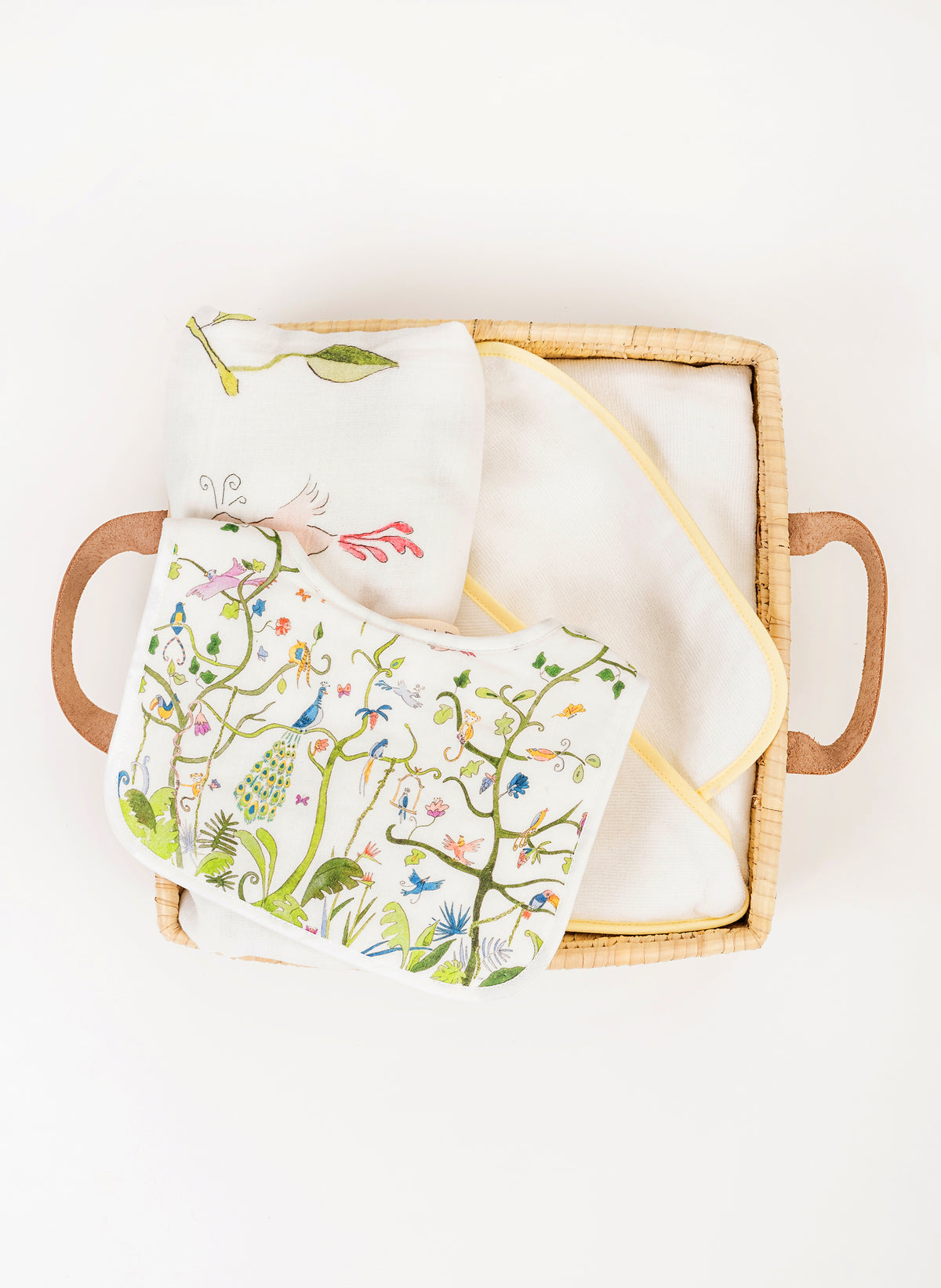 Tropical Chinoiserie Baby Shower Basket Set with Lemon Hooded Towel