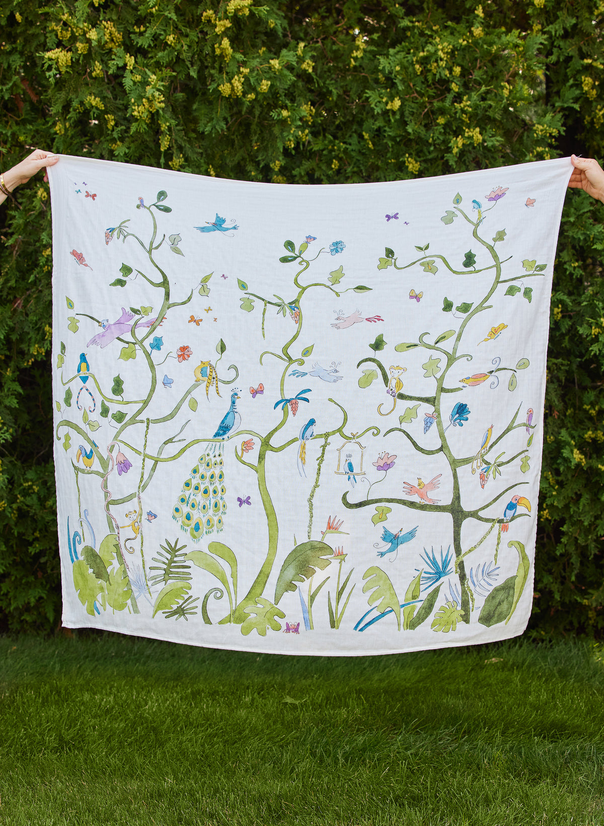 Organic cotton muslin shawl blanket, Tropical Chinoiserie