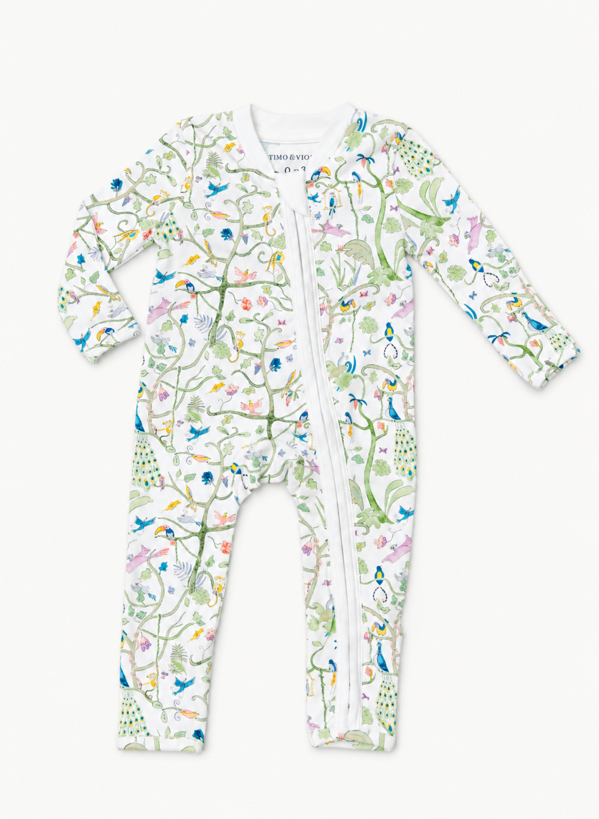 A baby long-sleeve footed sleeper with a white background and a colorful nature print featuring birds, flowers, and trees, shown flat on a white background.