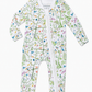 A baby long-sleeve footed sleeper with a white background and a colorful nature print featuring birds, penguins, and trees, complete with a front zipper.