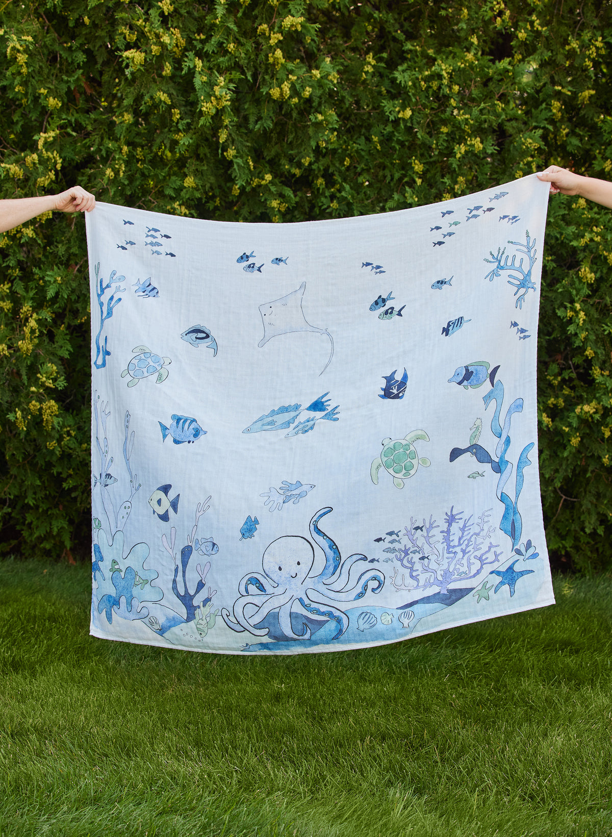 Organic cotton muslin shawl blanket, Under the Sea