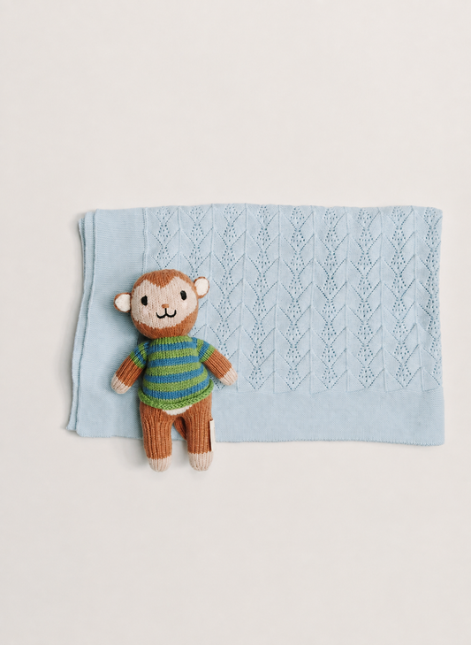 A light blue knitted baby blanket with a textured diamond pattern, styled flat-lay with a small knitted monkey toy wearing a green and blue striped sweater.
