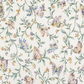 A repeating floral and butterfly pattern on a warm off-white fabric background, featuring green vines, small yellow and purple flowers, and pastel butterflies in lavender, blue, and peach tones.