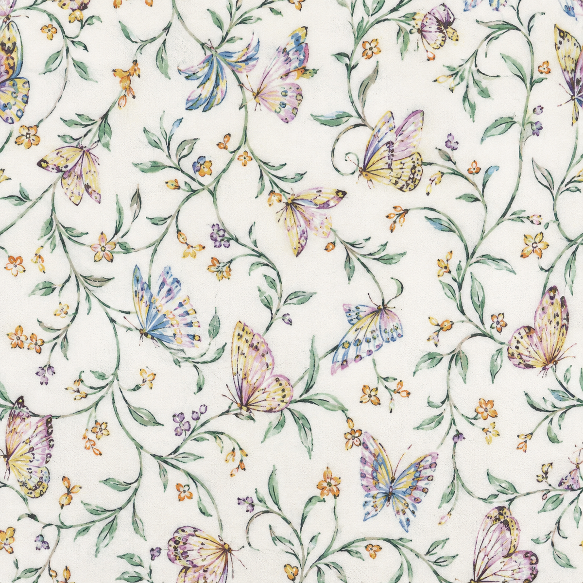 A repeating floral and butterfly pattern on a warm off-white fabric background, featuring green vines, small yellow and purple flowers, and pastel butterflies in lavender, blue, and peach tones.