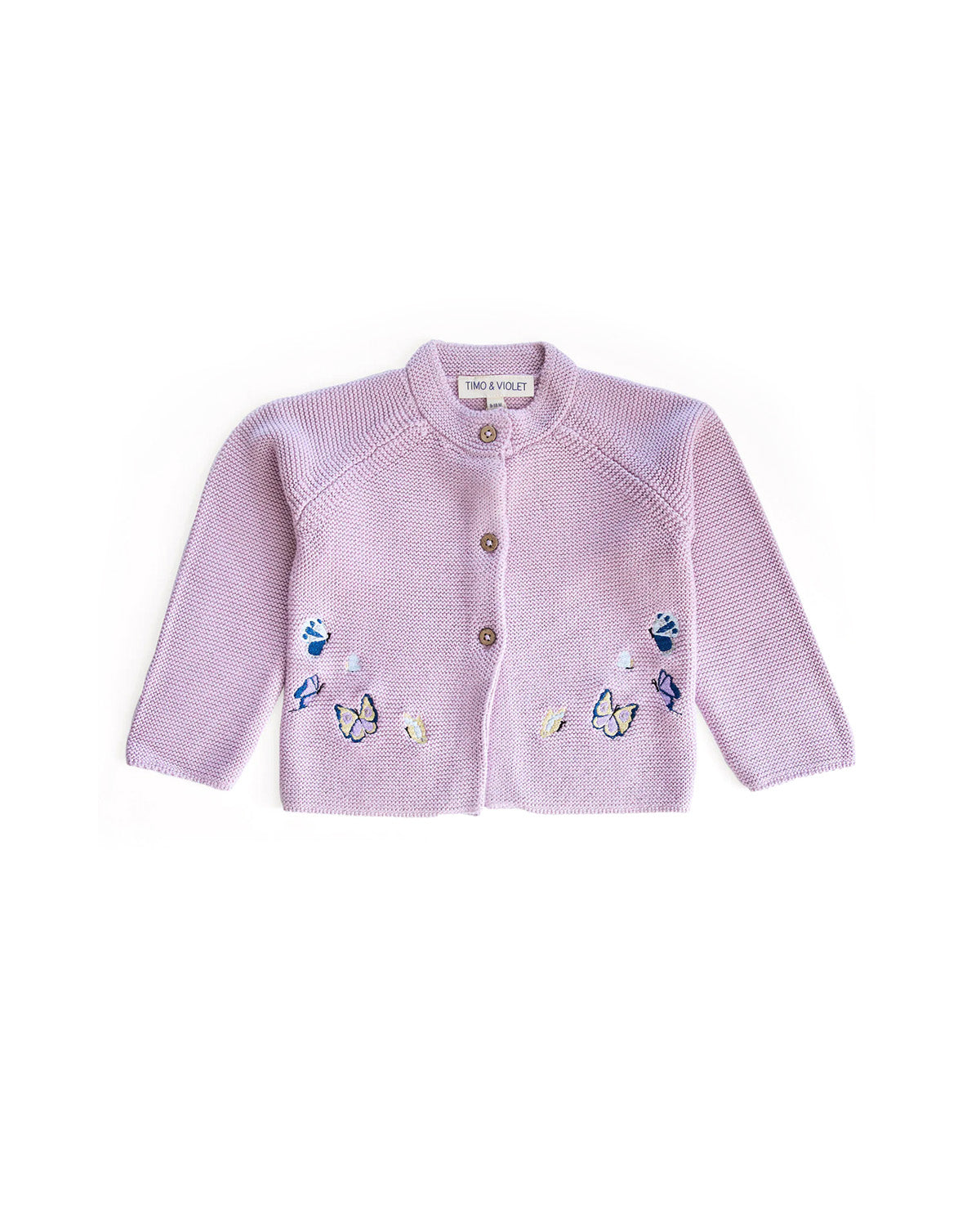 Pink baby cardigan with butterfly patches on a white background