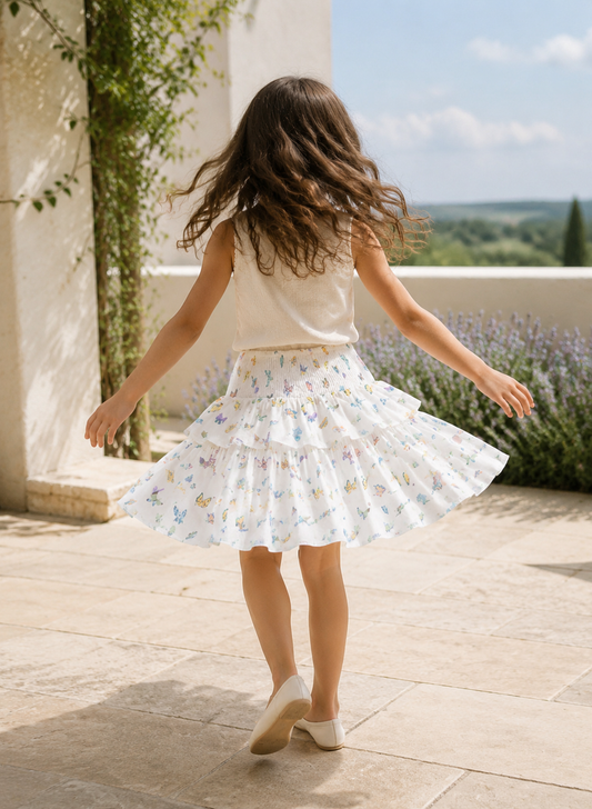 A young girl with long brown hair is seen from behind, twirling outdoors on a stone patio. She is wearing a white sleeveless top and a white tiered ruffle skirt decorated with a delicate pastel floral and butterfly print.