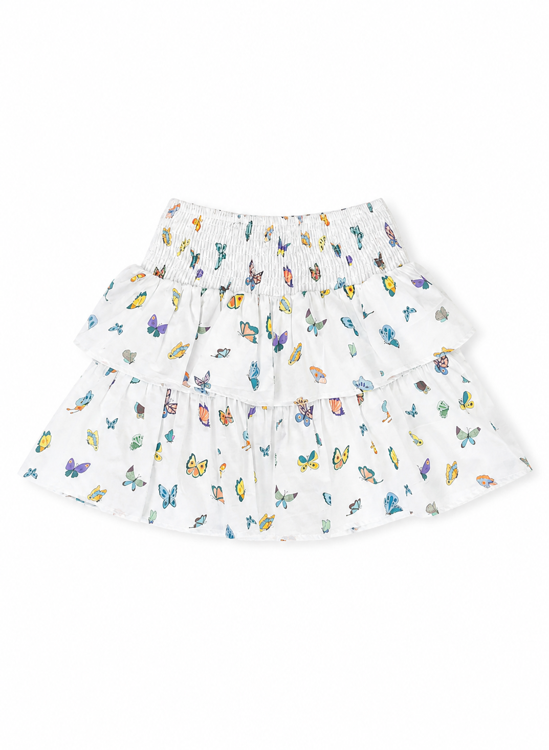 A white tiered ruffle skirt with an all-over colorful butterfly print, featuring a smocked elastic waistband.