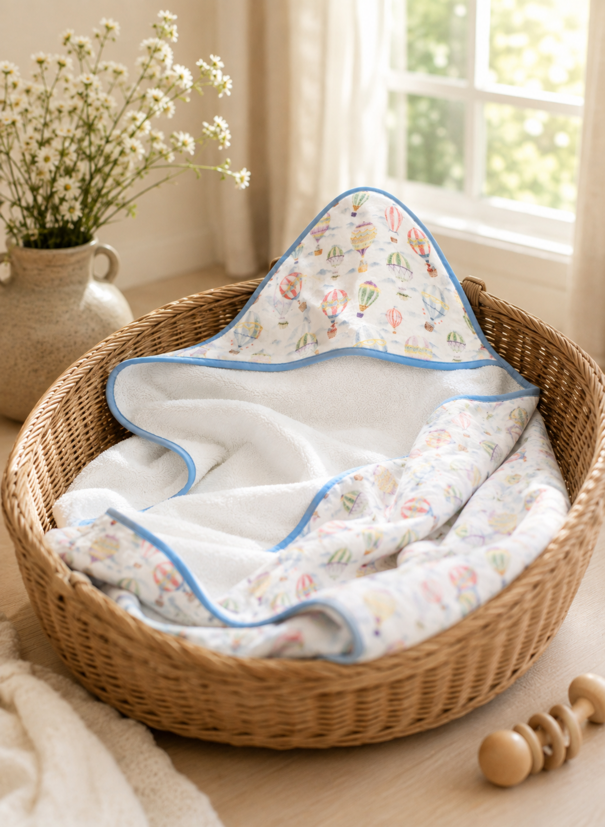 A baby hooded towel with a colorful hot air balloon print and blue trim, displayed inside a woven wicker basket on a wooden floor next to a vase of baby's breath.